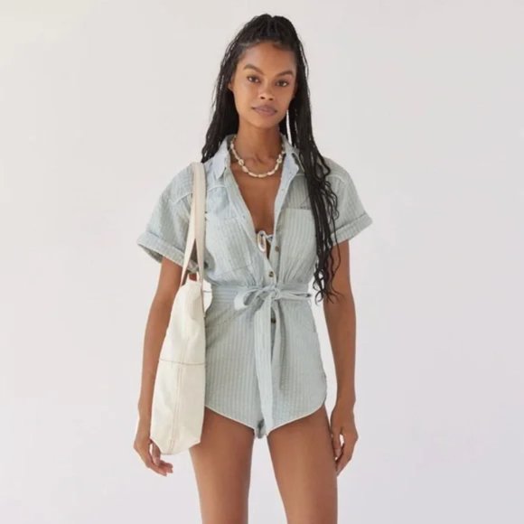 *SOLD* Urban Outfitters BDG Devon Linen Tie Waist Cheeky Romper Beach - Picture 2 of 8
